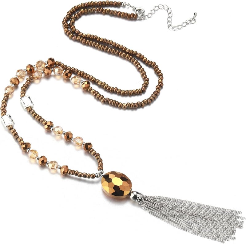 BULINLIN Boho Beaded Long Necklaces for Women Chunky Bead Pendant Necklace with Crystal Tassel Costume Jewelry Gifts for Her - Image 1